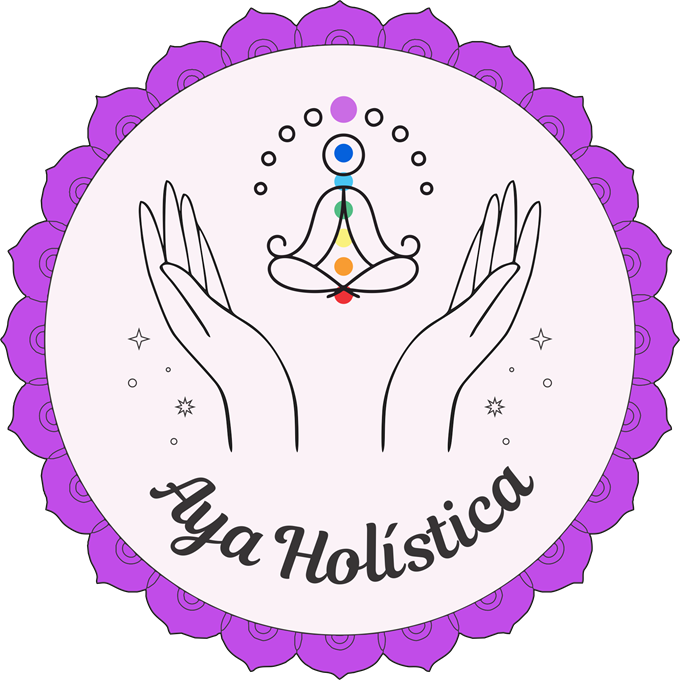 Logo Aya Holística: mãos acolhendo uma figura em meditação com os chakras